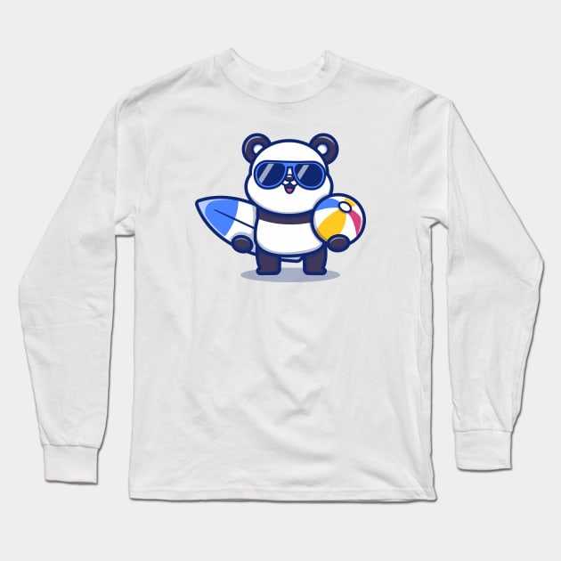 Cute Panda Holding Surfboard And Summer Ball Long Sleeve T-Shirt by Catalyst Labs